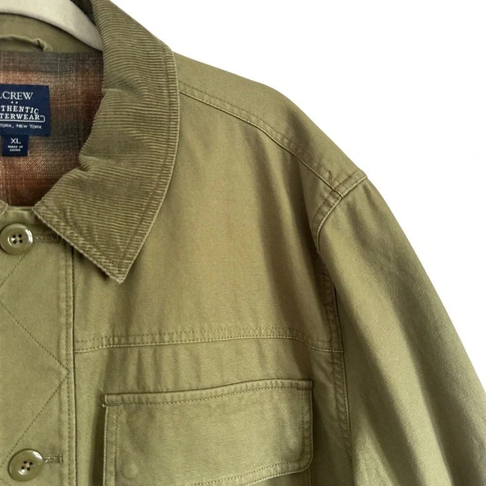 J. CREW CHORE COAT FLANNEL LINED OLIVE GREEN SIZE XL